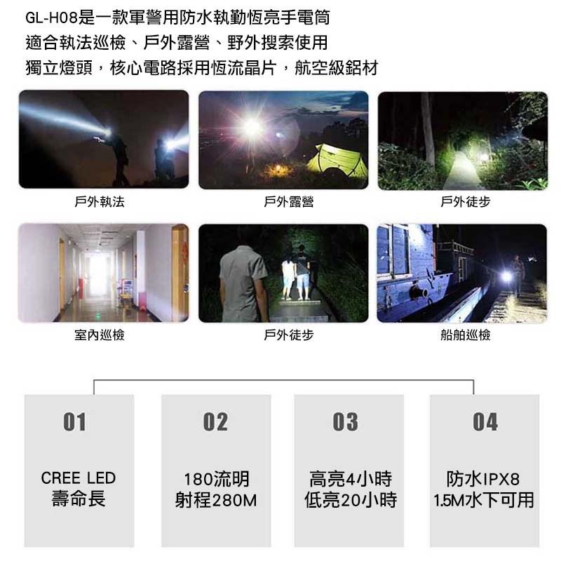 GL-H08 多功能強光手電筒 CREE LED晶片 IPX8防水 攻擊頭破窗 USB充電＋可換電池 台灣