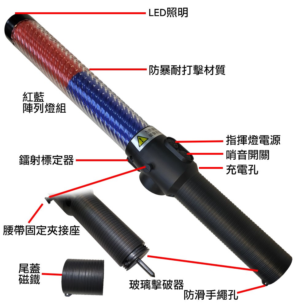 GL-N18 多功能防暴交通指揮棒 警示燈 LED強光照明 120分貝哨音 鐳射標定器 玻璃擊破器 磁鐵底座 IP65 防暴耐打擊材質