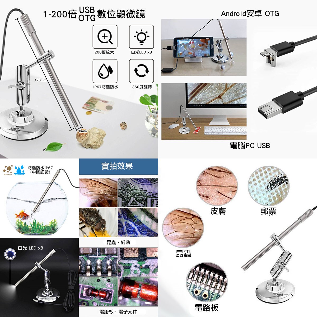 GL-N35 數位顯微鏡 1~200倍放大 USB/OTG二用 防水防塵 工程檢測工具