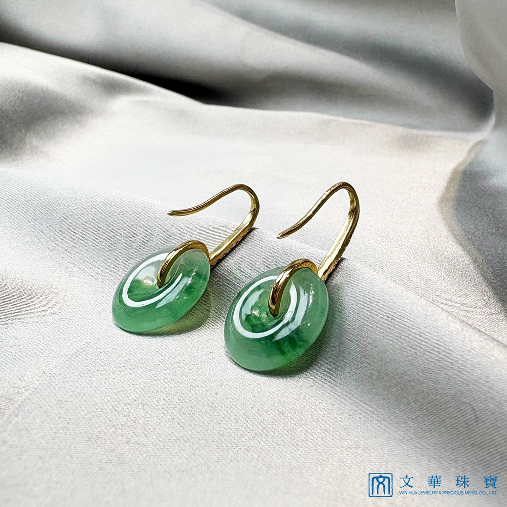 翡翠高冰飄綠平安扣黃K金鑽石耳環