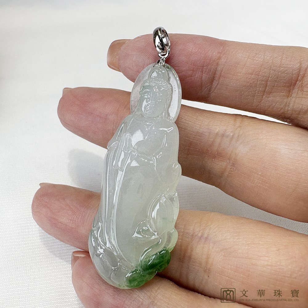 冰種帶翠綠立姿觀音玉墜