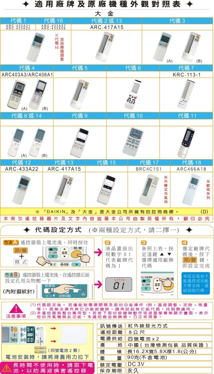 AI-A1 大金冷氣遙控器