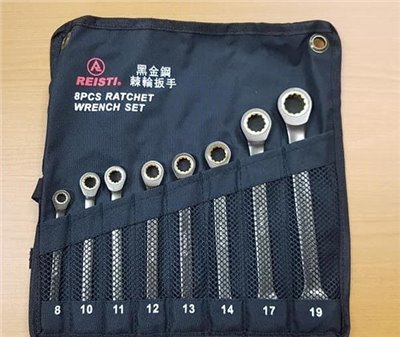 瑞士釘 REISTI  8件組固定式棘輪梅花扳手 高扭力黑金鋼鍍鎳扳手 8~19mm