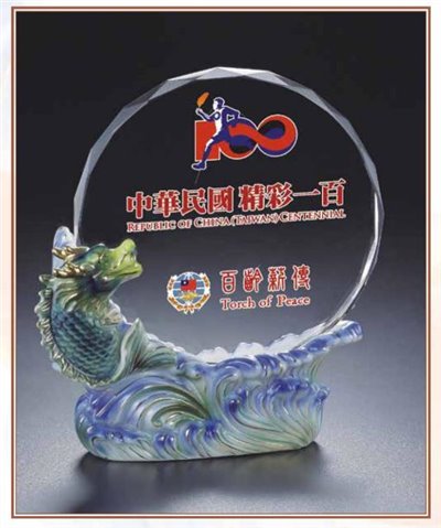 立體瓷花水晶獎座-爭輝 -獨佔鰲頭