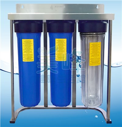 水塔過濾器.水塔淨水器20吋大胖三道淨水器1透2藍瓶不鏽鋼腳架型一英吋內牙(不含濾心)
