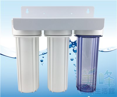10英吋2分牙雙O-ring烤漆吊片三道式/三胞胎淨水器/前置過濾器(1透2白)(不含濾心、含扳手)