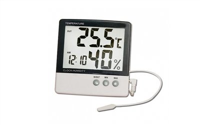 LCD數字溫濕度計,LCD Alarm Hygrometer ,壁掛桌立兩用,戶外用感溫棒,溫度室內0℃～+50℃,室外-50℃～+70℃ ,濕度15％～95％RH,時鐘12/24小時制,日曆顯示功能 ,最大最小值記憶, ℃、℉切換,C1-017-4,國教儀器,C1-017-4