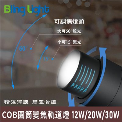 ◎COB圓筒變焦軌道燈/投射燈12W/20W/30W，光束角可調15～60度角，一年保固