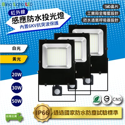 ◎LED紅外線感應戶外防水投光燈/投射燈 20/30/50W，CNS認證，全電壓