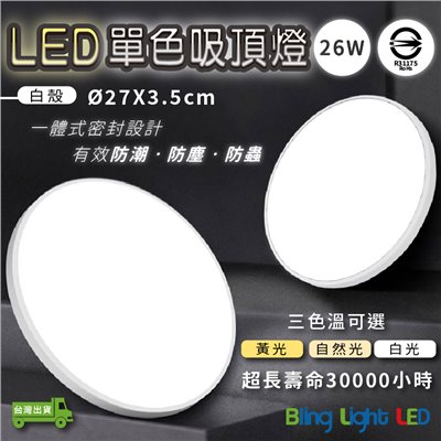 ◎單色LED白框吸頂燈/客廳燈/房間燈，26W，白光/自然光/黃光，北歐風格，防潮防塵防蟲