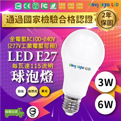 ◎LED燈泡 3W/6W 球泡燈，CNS認證，全電壓E27燈頭，可取代8W/13W省電燈泡