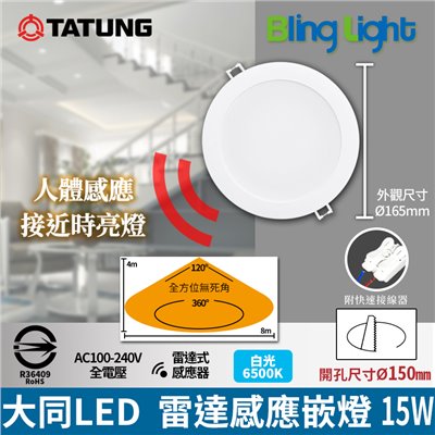 ◎大同LED 人體感應嵌燈/崁燈，15W 開孔15CM，CNS認證，全電壓，白光