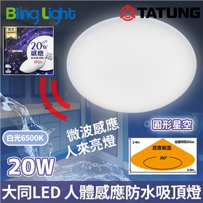 ◎大同LED 人體感應 防水 吸頂燈/陽台燈/浴室燈20W，微波感應，CNS認證，全電壓