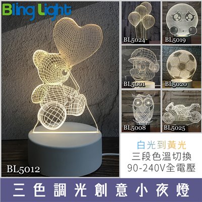 ◎LED三色切情境調光 壓克力3D款創意小夜燈，白/黃/自然光三切變色，全電壓隨插即用