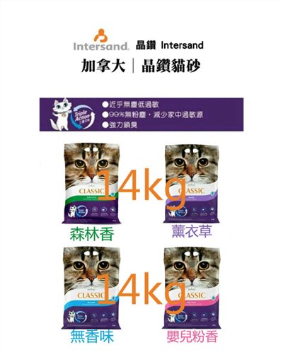 【加拿大Intersand晶鑽 】 抗菌除臭凝結貓砂(無香/嬰兒香/薰衣草/森林香) - 14kg