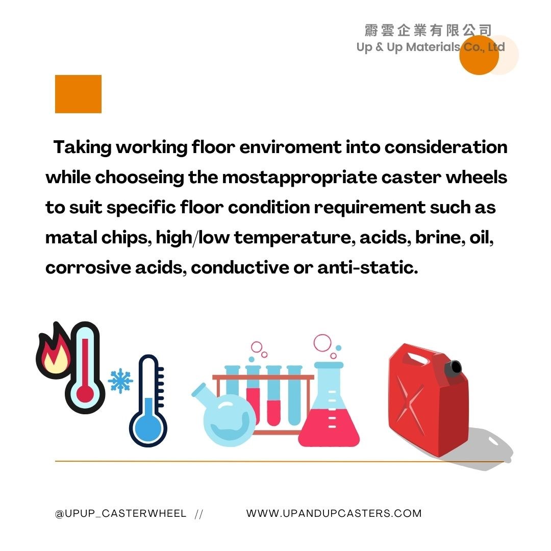 Caster selection considering floor conditions like temperature, acids, brine, oil, and corrosive environments UP&UP Casters