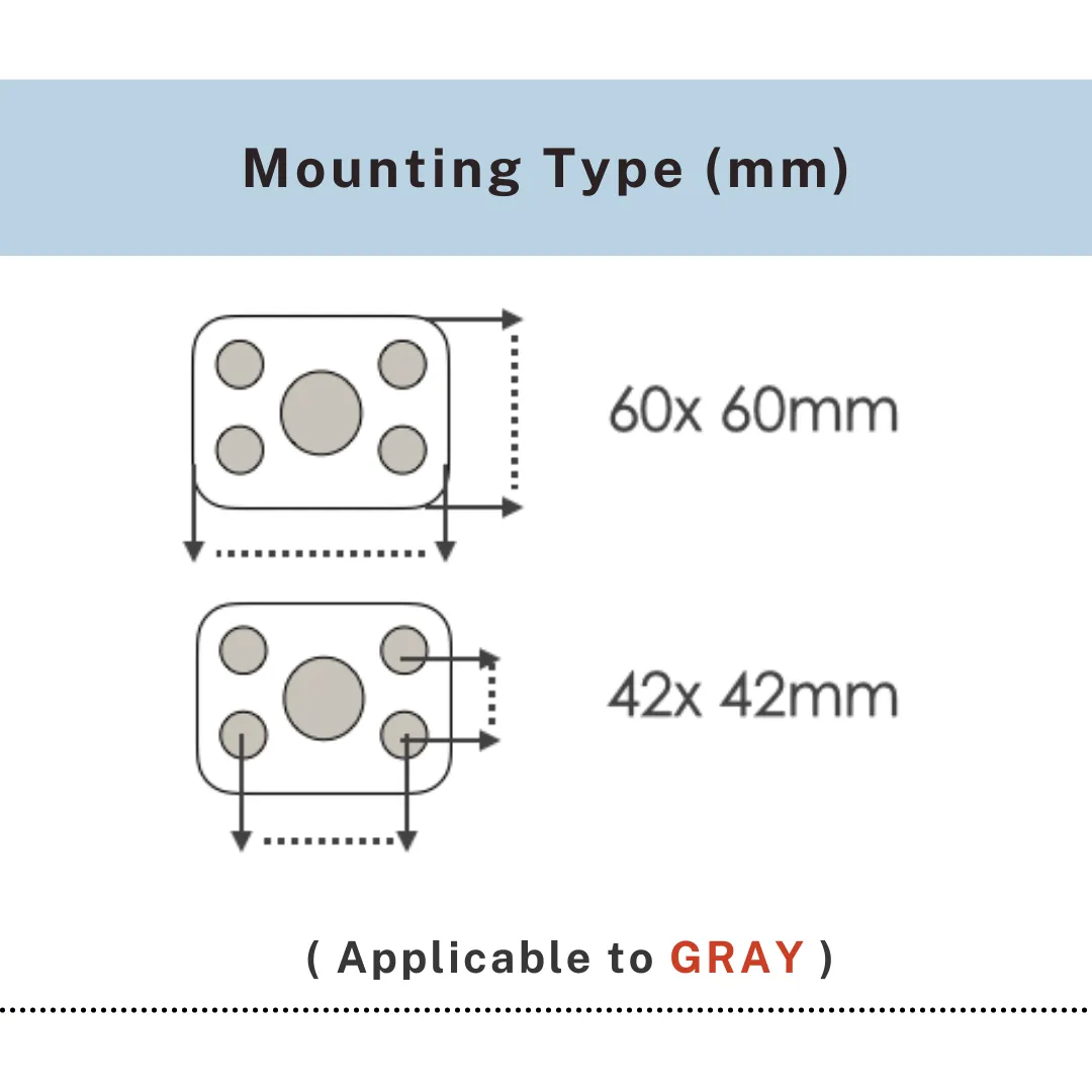 Mounting plate dimensions 60x60mm and 42x42mm for gray PVC twin wheel caster, UP&UP Casters