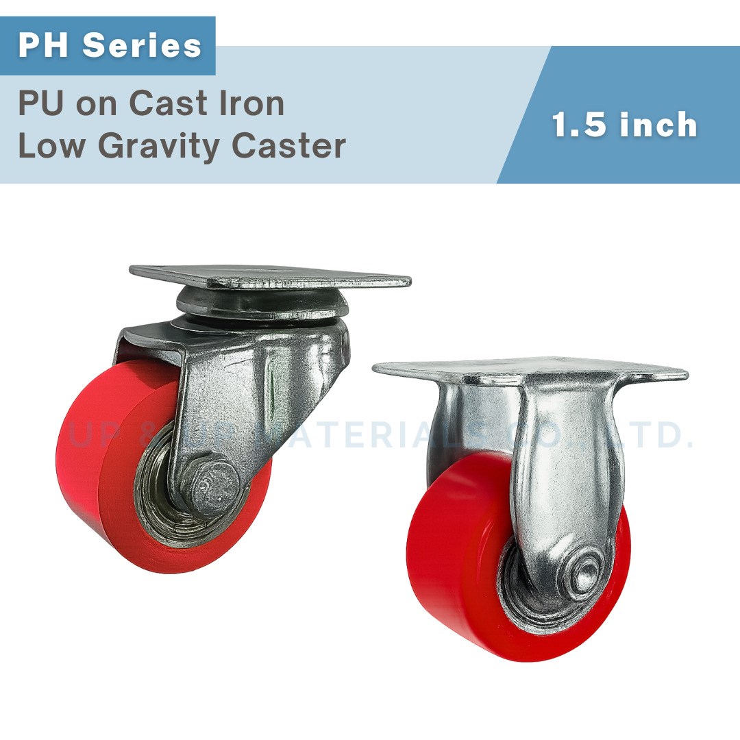 Red PU on cast iron core low gravity caster 1.5 inch with swivel and rigid types, UP&UP Casters
