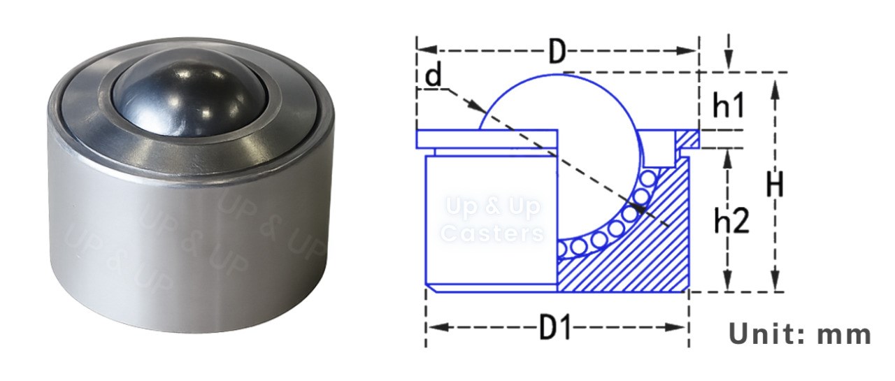 Industrial ball transfer unit with cylindrical body, steel housing and visible bearing structure UP&UP Casters