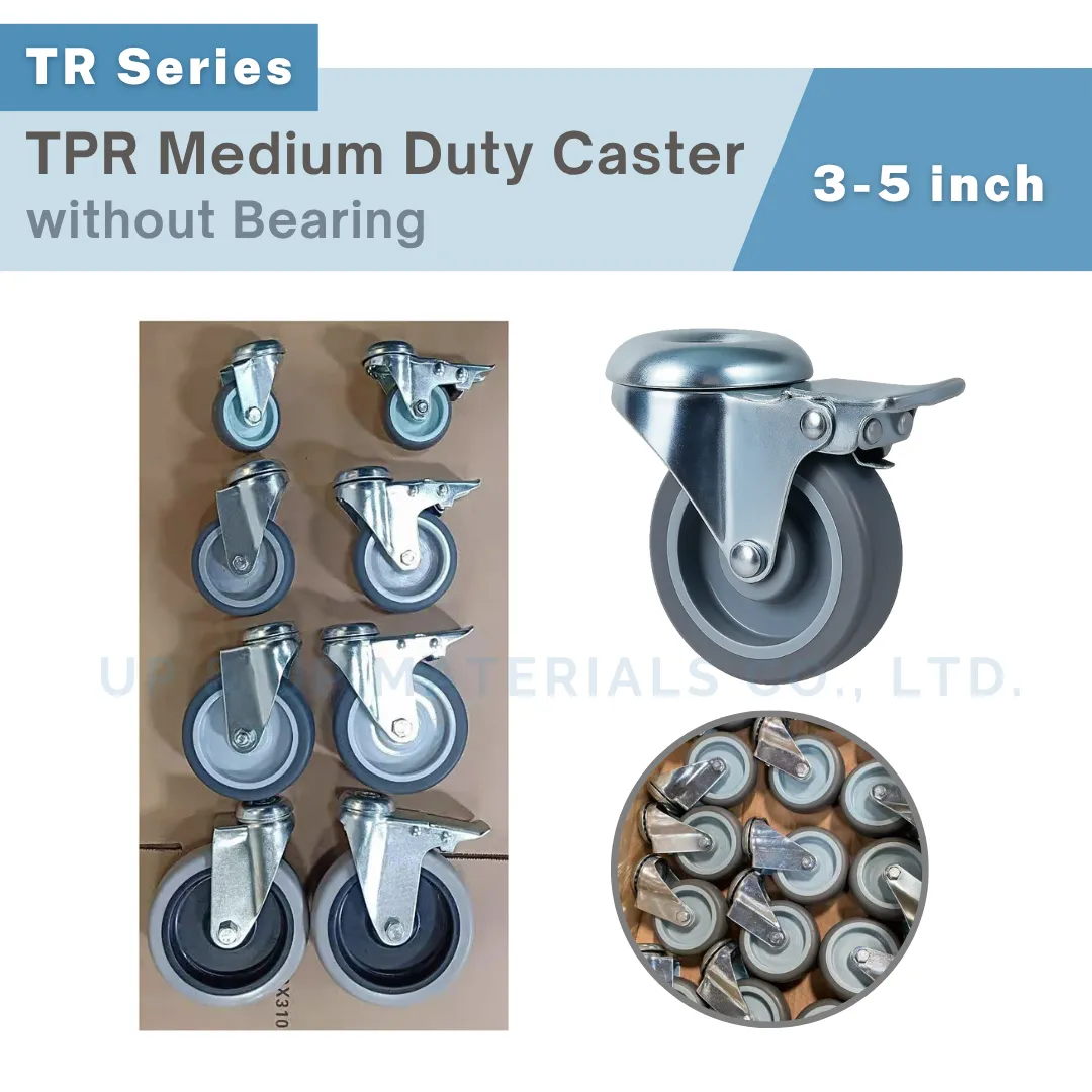 Multiple TPR casters in different mounting types on display board, UP&UP Casters