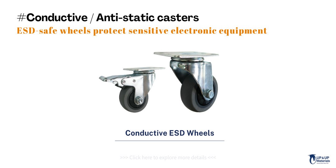 Conductive ESD casters with black wheels designed for anti-static protection in electronics UP&UP Casters