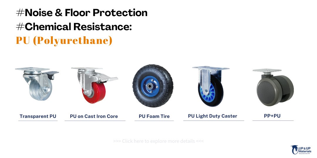 PU casters and wheels including transparent PU, PU on cast iron core, PU foam tire, and light duty casters UP&UP Casters