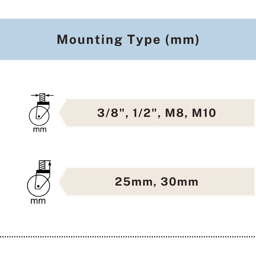 Threaded stem mounting type options 3/8", 1/2", M8, M10, 25mm, 30mm, UP&UP Casters