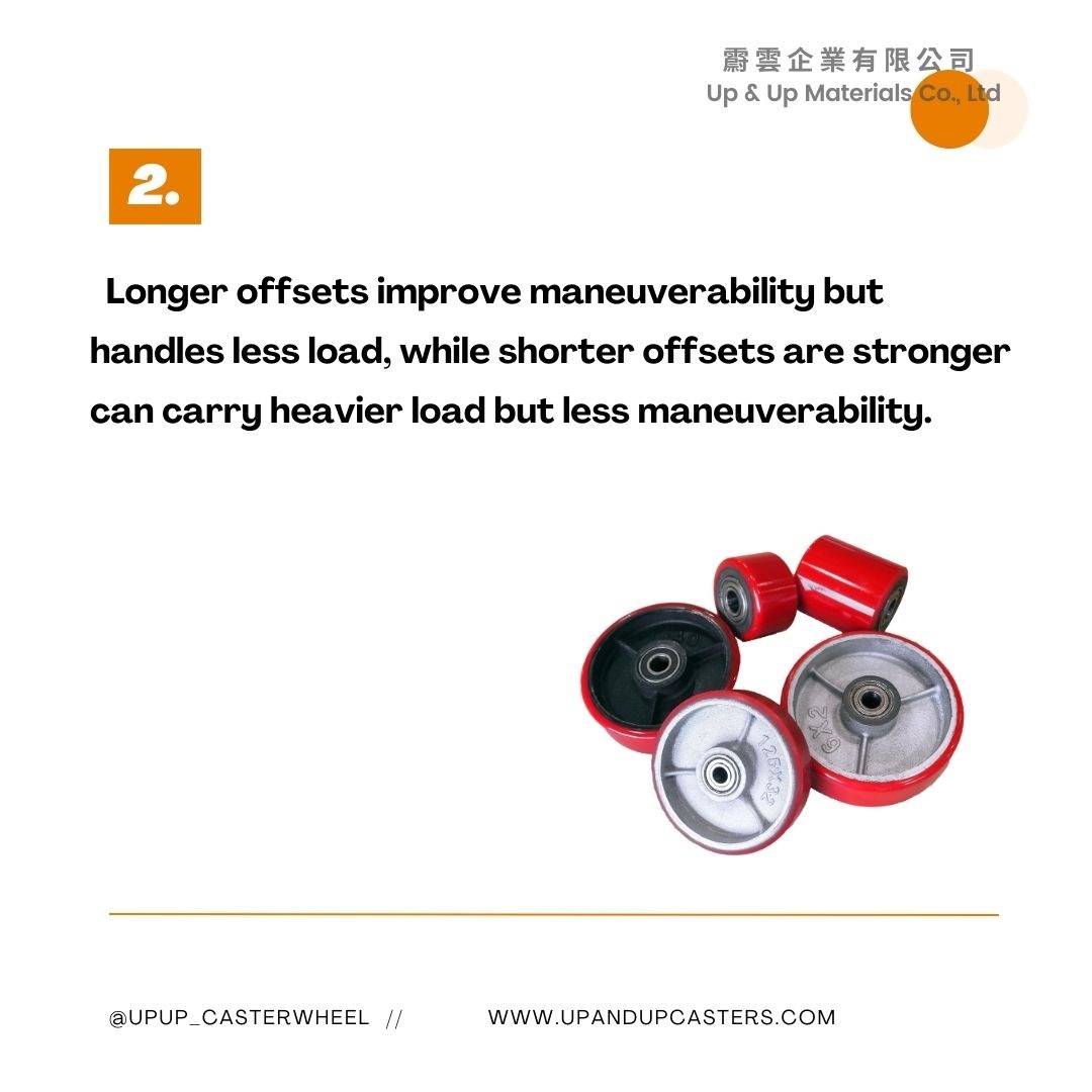 Red caster wheels showing different offset designs for load capacity and maneuverability UP&UP Casters