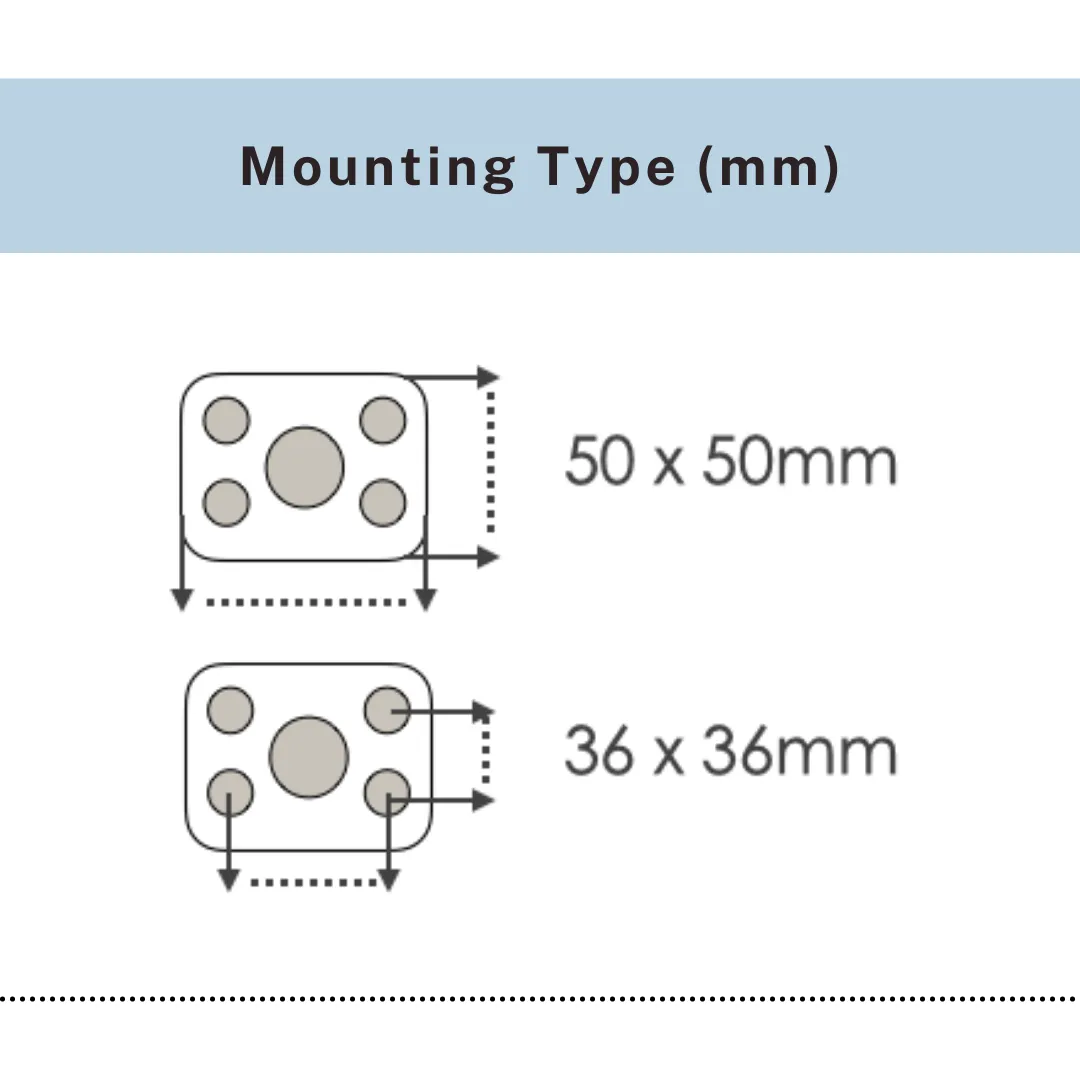 Mounting type options for top plate caster sizes 50x50mm and 36x36mm, UP&UP Casters