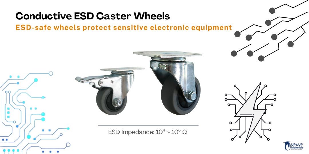 Conductive ESD caster wheels with black rubber wheels for anti-static protection of electronic equipment UP&UP Casters