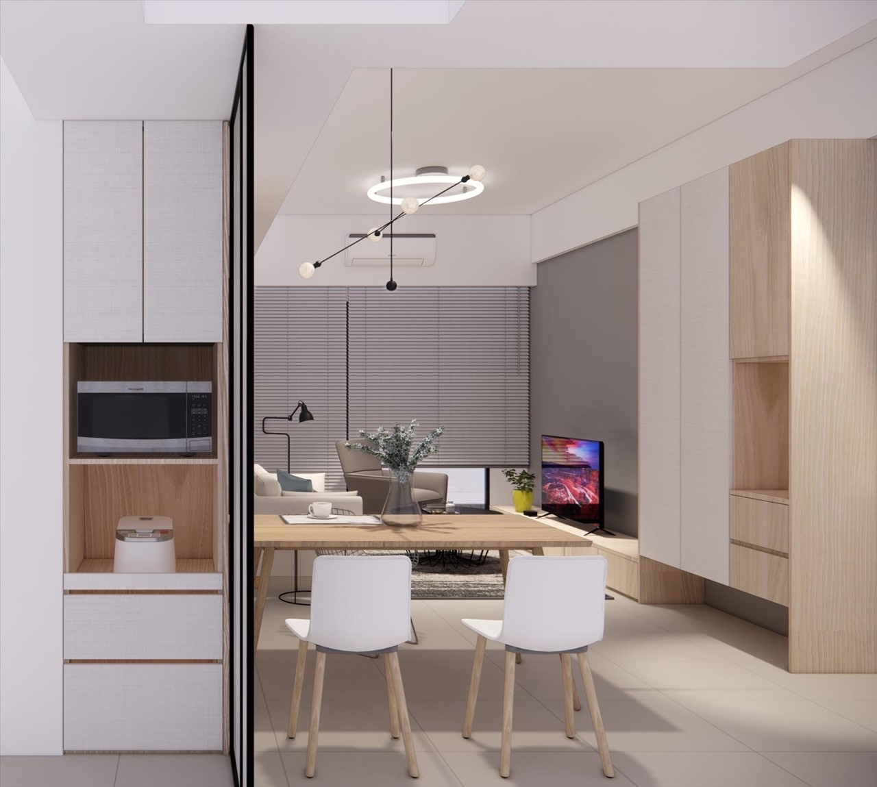 開放式廚房你可以選擇安裝活動拉門或屏風,做一個簡單的分隔。