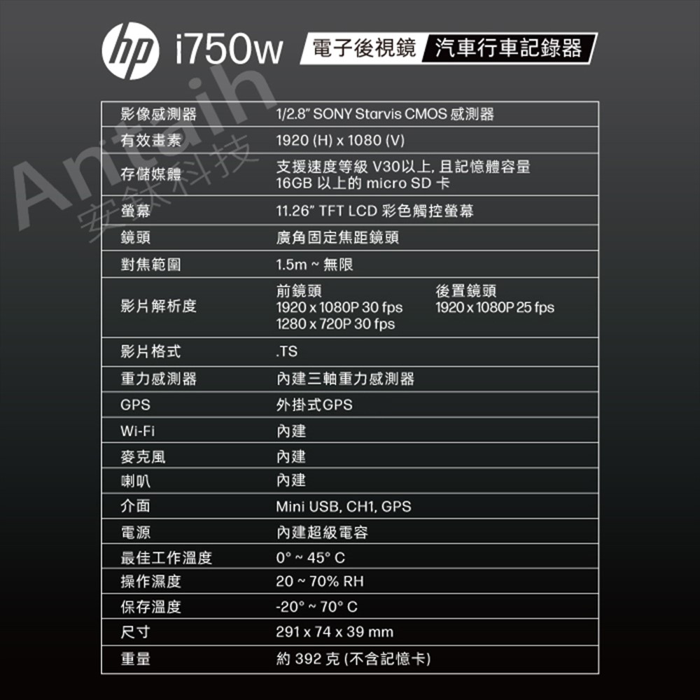 HP惠普 i750w前後雙錄+測速+WIFI